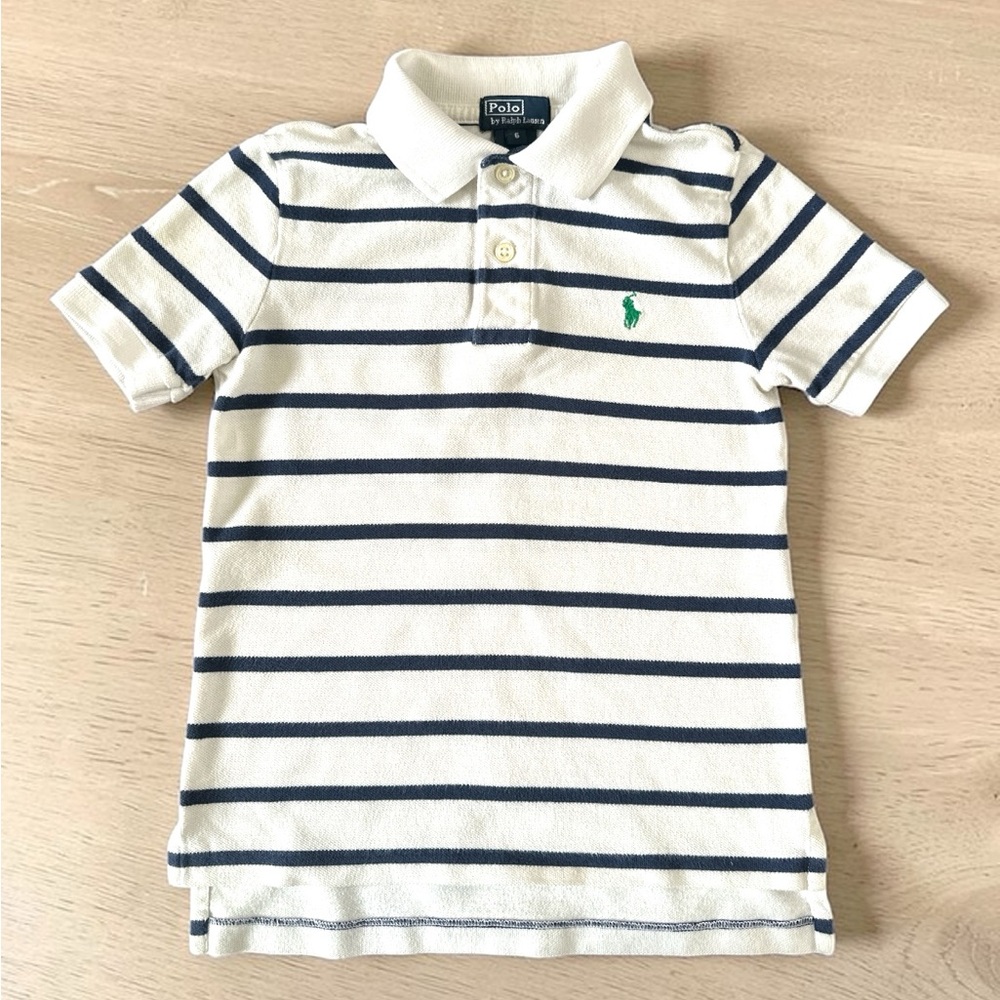 Ralph Lauren White & Navy Striped Polo with Green Pony